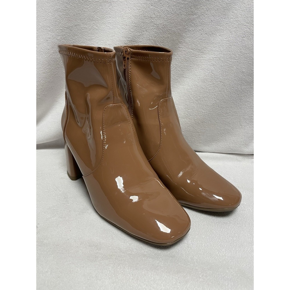 Madden NYC Womens Boots Sz 9.5 Side Zip Glossy Platform‎ Chunky Heel Tan Retro
